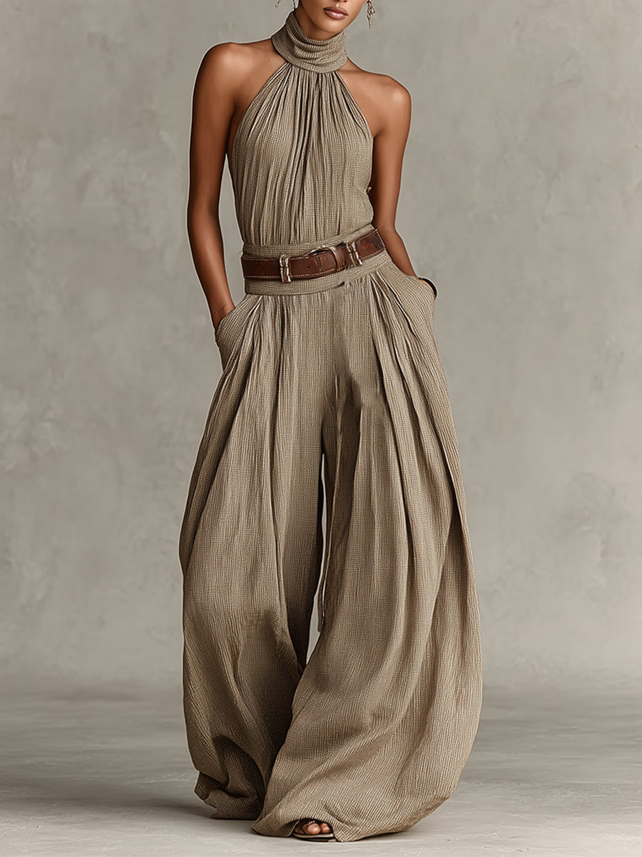 Caterina | Mono de pierna ancha color topo con escote halter de estilo boho