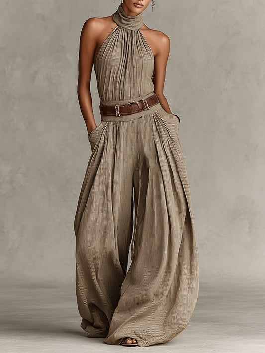 Caterina | Mono de pierna ancha color topo con escote halter de estilo boho