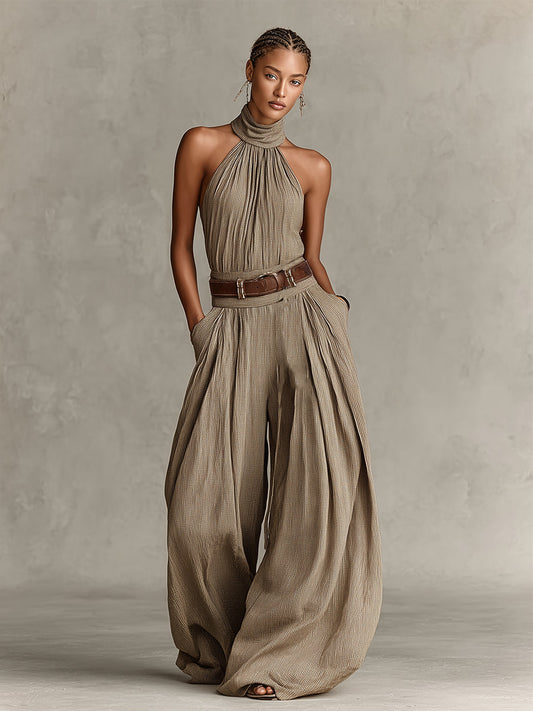 Caterina | Mono de pierna ancha color topo con escote halter de estilo boho