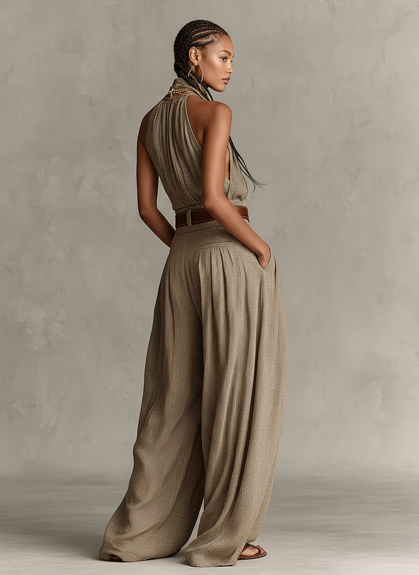 Caterina | Mono de pierna ancha color topo con escote halter de estilo boho