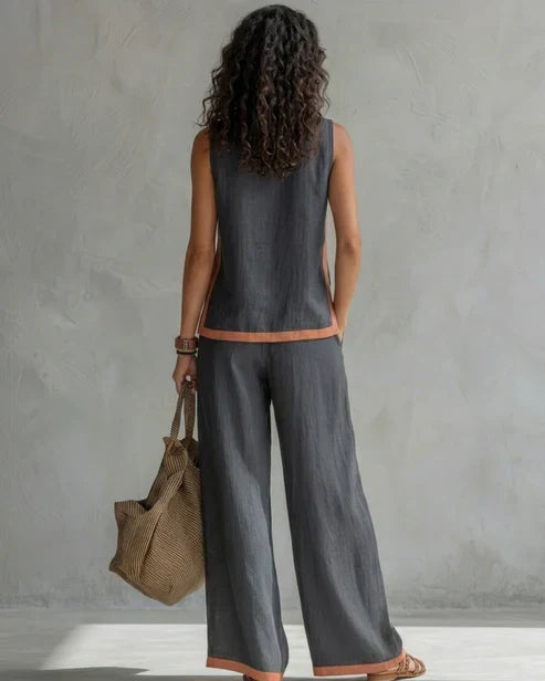 Sveva | Conjunto de dos piezas con top sin mangas y pantalones de pierna ancha con ribetes de cuero