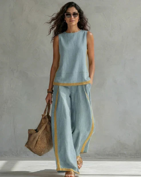 Sveva | Conjunto de dos piezas con top sin mangas y pantalones de pierna ancha con ribetes de cuero