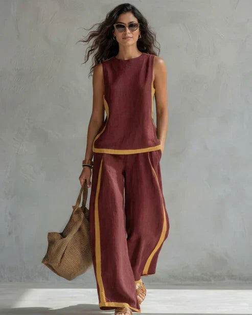 Sveva | Conjunto de dos piezas con top sin mangas y pantalones de pierna ancha con ribetes de cuero