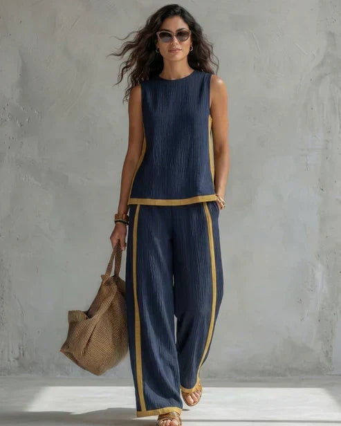 Sveva | Conjunto de dos piezas con top sin mangas y pantalones de pierna ancha con ribetes de cuero