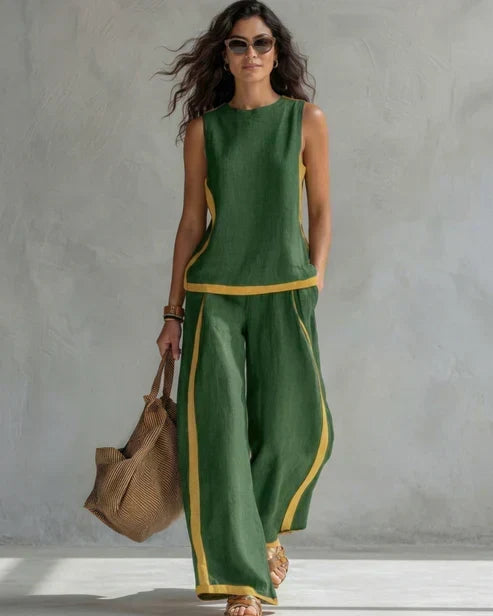 Sveva | Conjunto de dos piezas con top sin mangas y pantalones de pierna ancha con ribetes de cuero