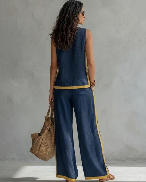 Sveva | Conjunto de dos piezas con top sin mangas y pantalones de pierna ancha con ribetes de cuero