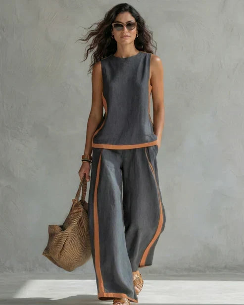 Sveva | Conjunto de dos piezas con top sin mangas y pantalones de pierna ancha con ribetes de cuero